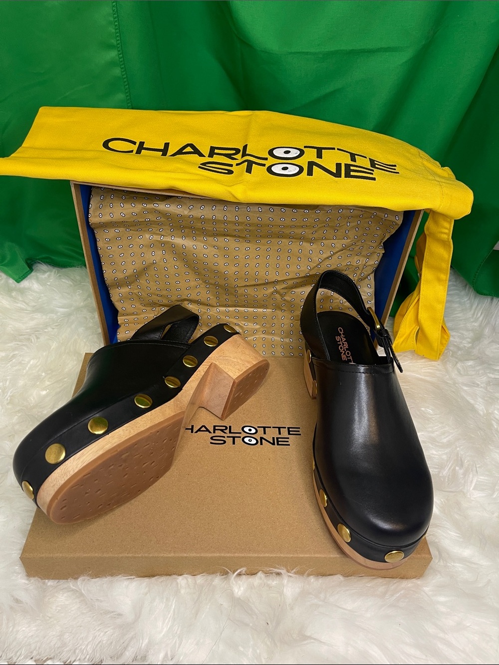 Charlotte Stone Jona Black Leather Studded Slingback Platform Clogs-w/box & tote
